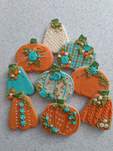 Load image into Gallery viewer, Decorated Cookies - Pumpkins in Orange and Teal - Royal Icing
