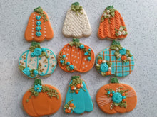 Load image into Gallery viewer, Decorated Cookies - Pumpkins in Orange and Teal - Royal Icing
