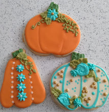 Load image into Gallery viewer, Decorated Cookies - Pumpkins in Orange and Teal - Royal Icing
