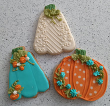 Load image into Gallery viewer, Decorated Cookies - Pumpkins in Orange and Teal - Royal Icing
