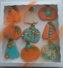 Load image into Gallery viewer, Decorated Cookies - Pumpkins in Orange and Teal - Royal Icing
